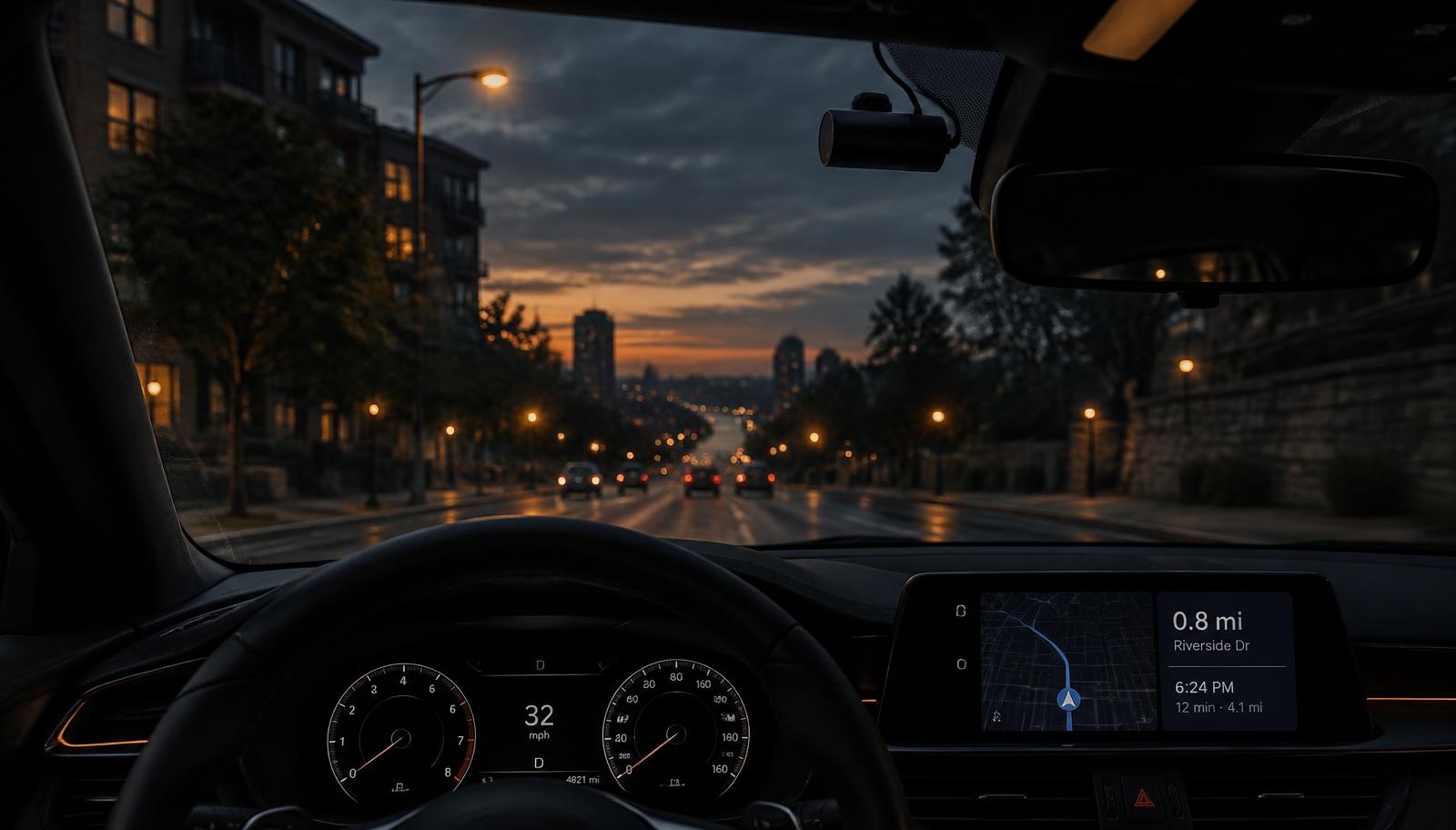 Fest verbaute Dashcam am Rückspiegel mit sauberer Kabelverlegung