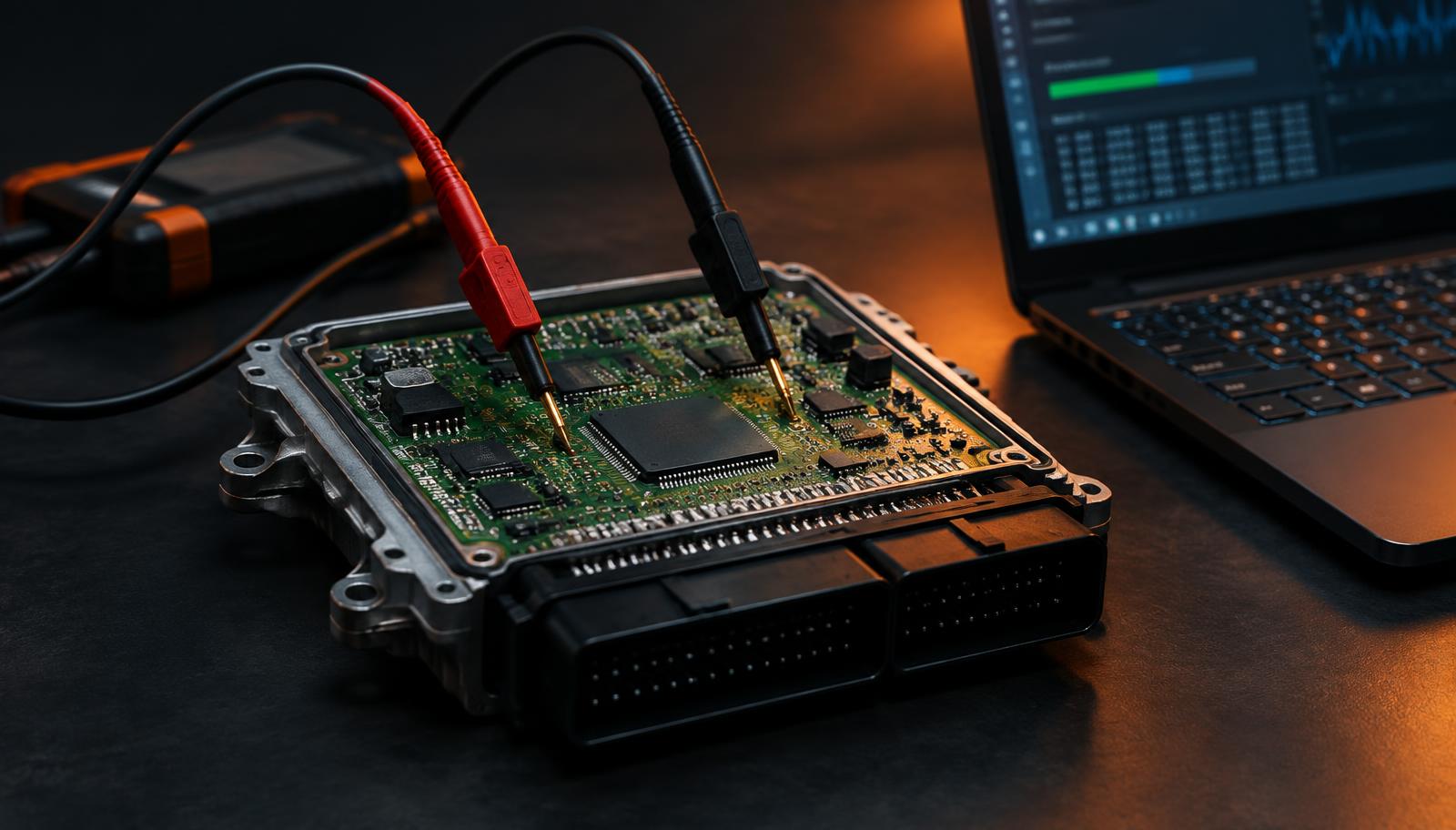 Motorsteuergerät auf einem professionellen Elektronik-Arbeitsplatz