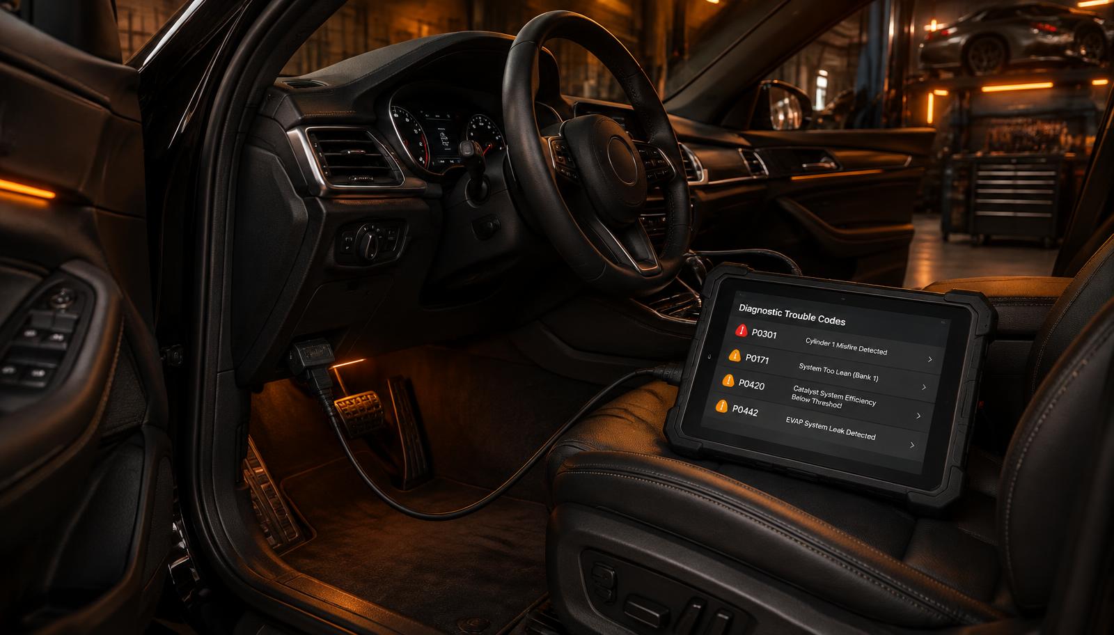 Diagnose-Tablet im Fahrzeug mit ausgelesenen Fehlercodes, verbunden mit dem Diagnoseanschluss