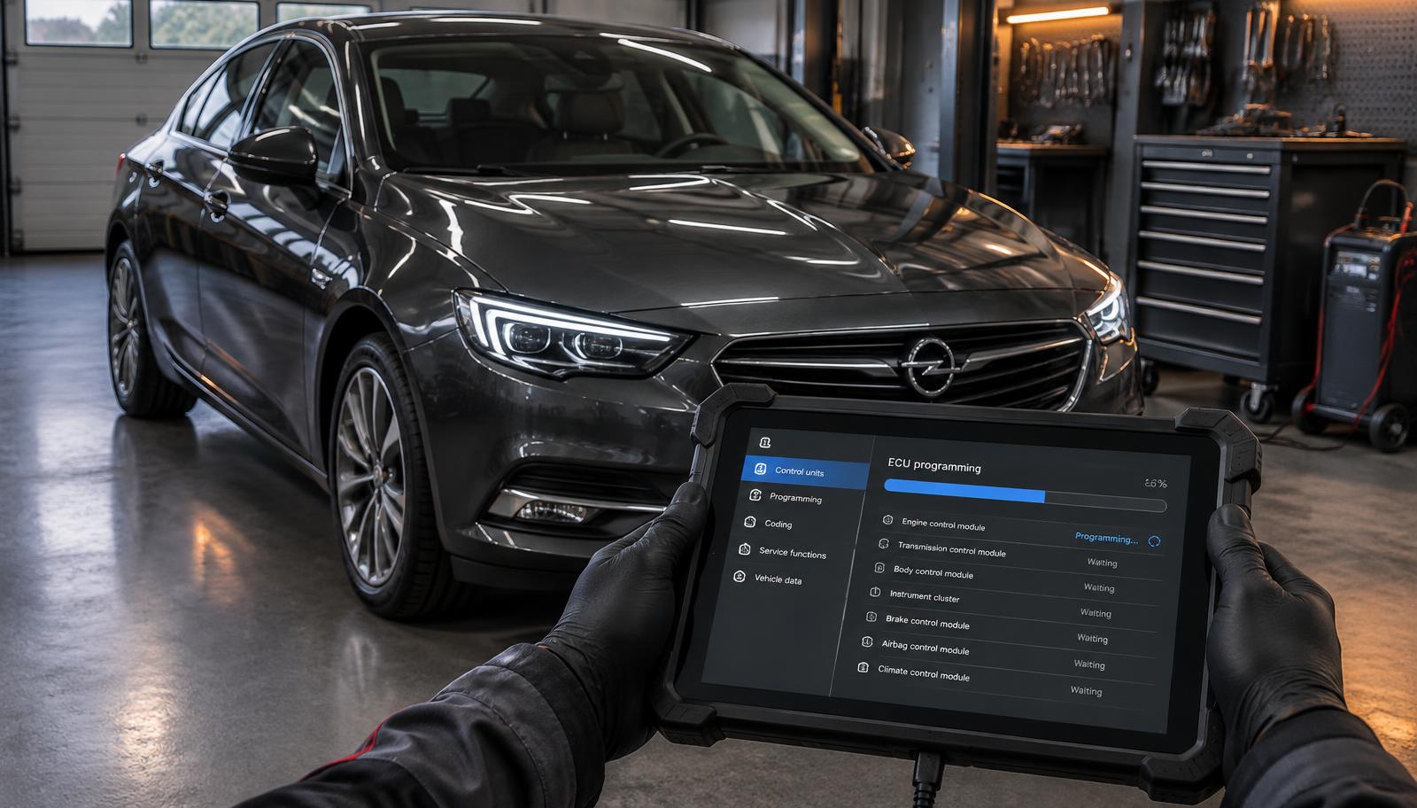 Laptop mit Diagnose-Software im Fahrzeug, verbunden mit dem Diagnoseanschluss unter dem Armaturenbrett